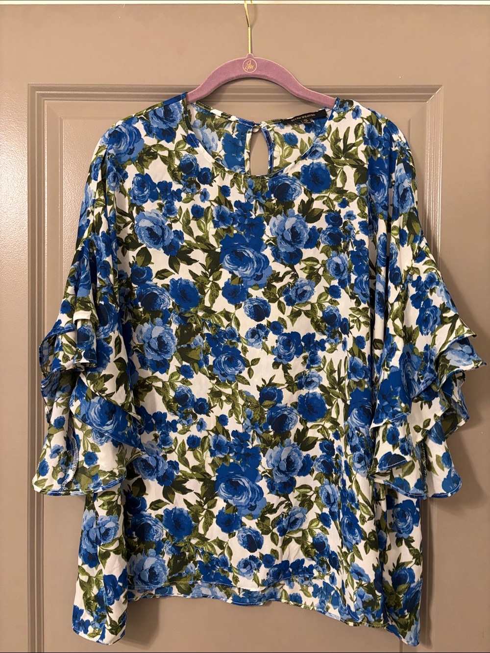 Blue Floral Keyhole Blouse with Ruffle Sleeves